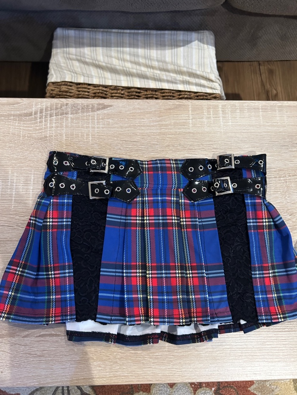 Blue and Red Plaid Mini Skirt with Buckle Accents